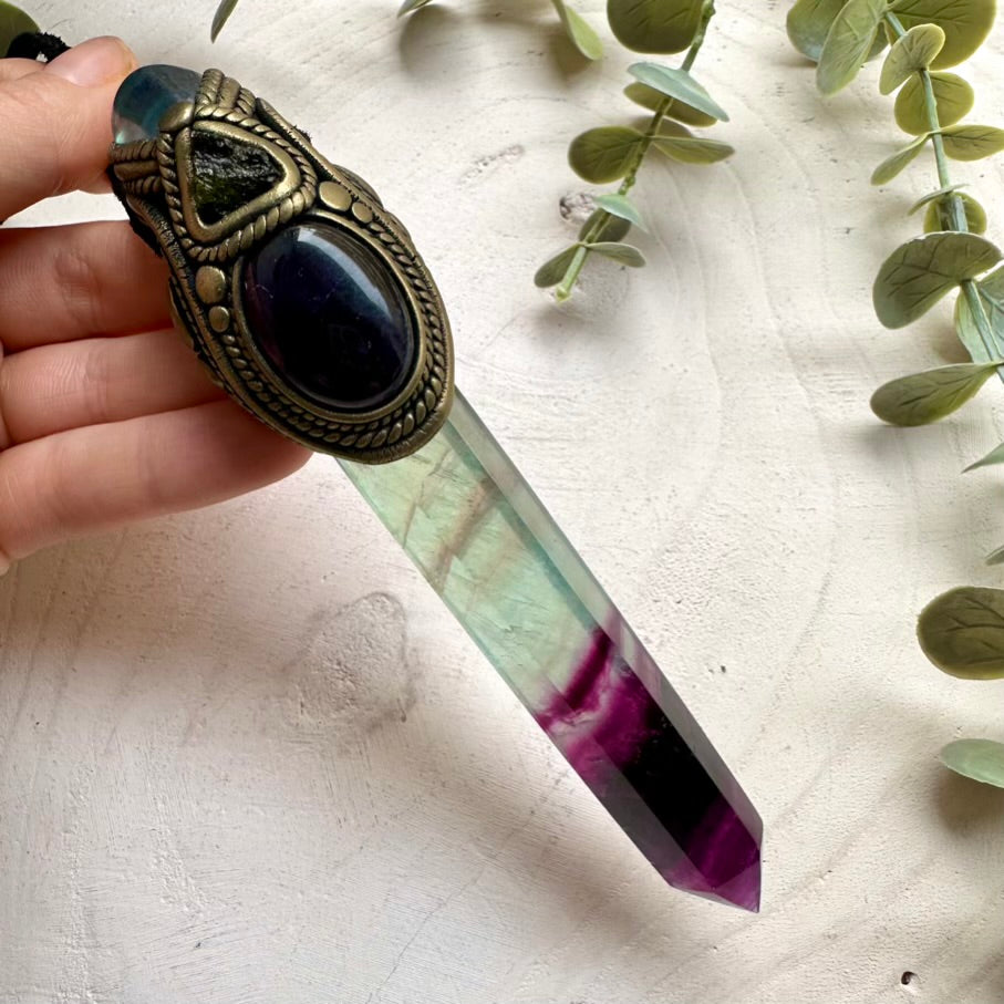 Rainbow fluorite wand and pendant with amethyst and moldavite crystals