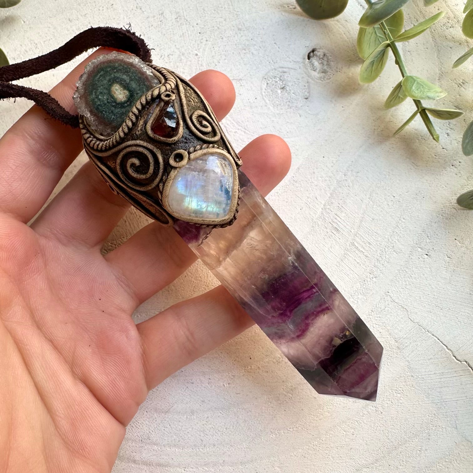 Rainbow fluorite with amethyst stalactite moonstone and red garnet wand pendant necklace