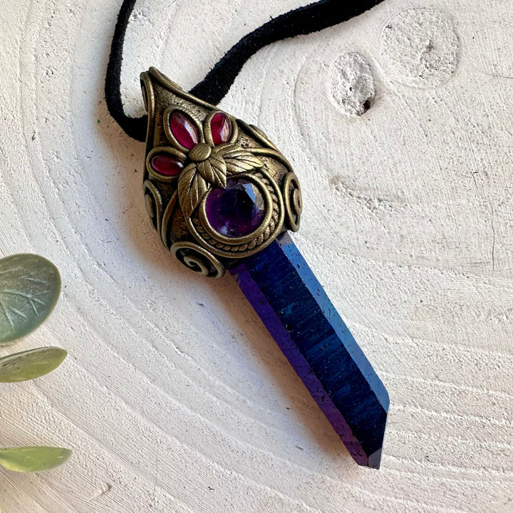 Unique gemstone pendant with luminous Cobalt Aura Quartz and naturally colorful Rainbow Fluorite.