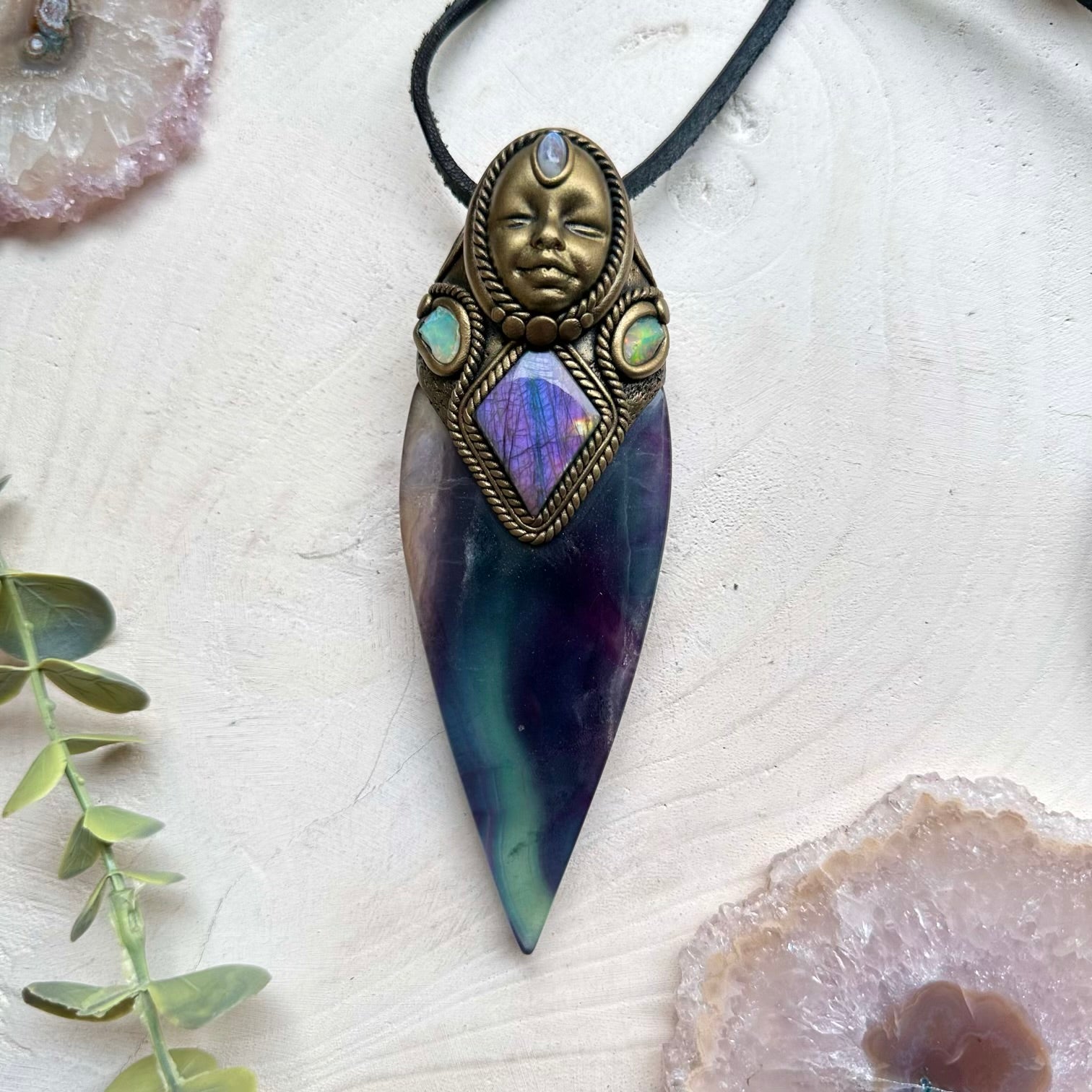 Handmade crystal wand necklace with fluorite moonstone and labradorite