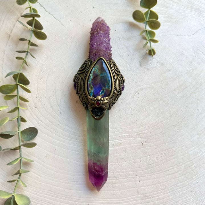 One of a kind healing crystal wand featuring Rainbow Fluorite and genuine natural gemstones.