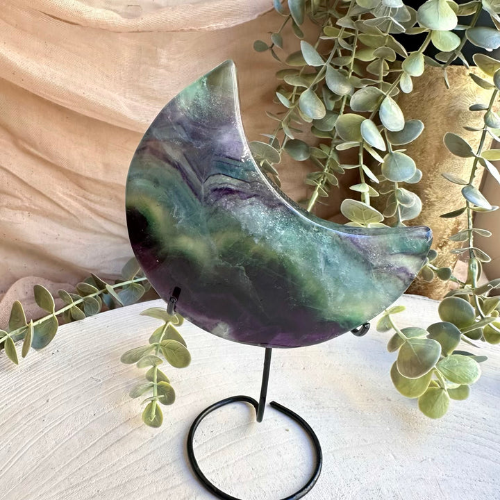 Rainbow fluorite moon crystal mineral carving