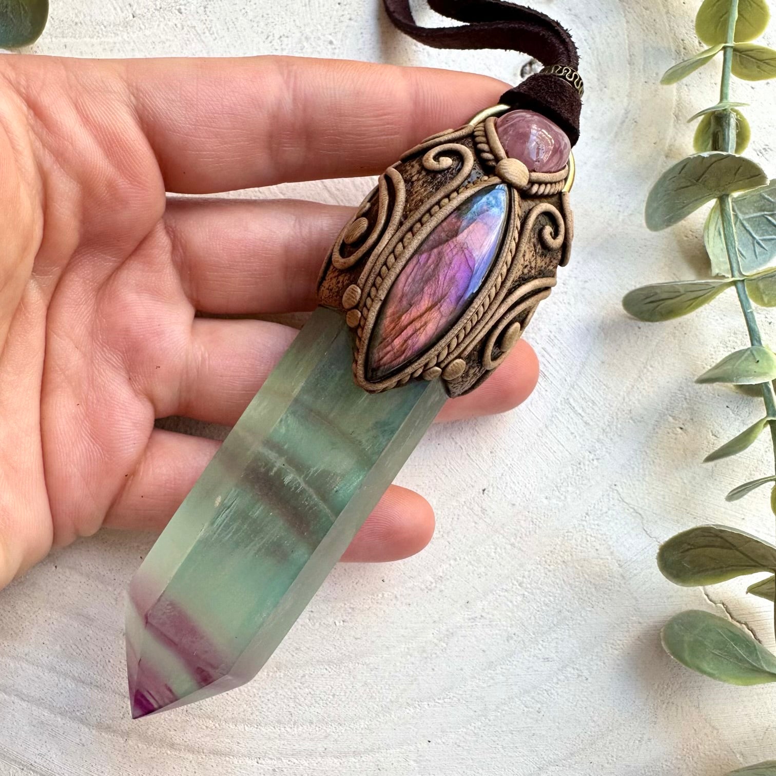 Rainbow fluorite with labradorite and lavender quartz wand pendant necklace