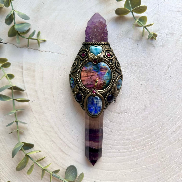 Handmade spiritual wand crafted with Labradorite, Amethyst, Moonstone and Larimar Heart.