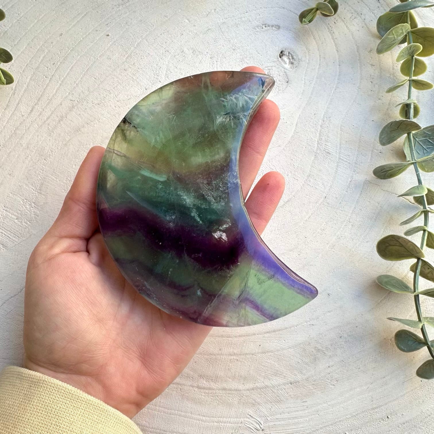 Rainbow fluorite crystal moon specimen