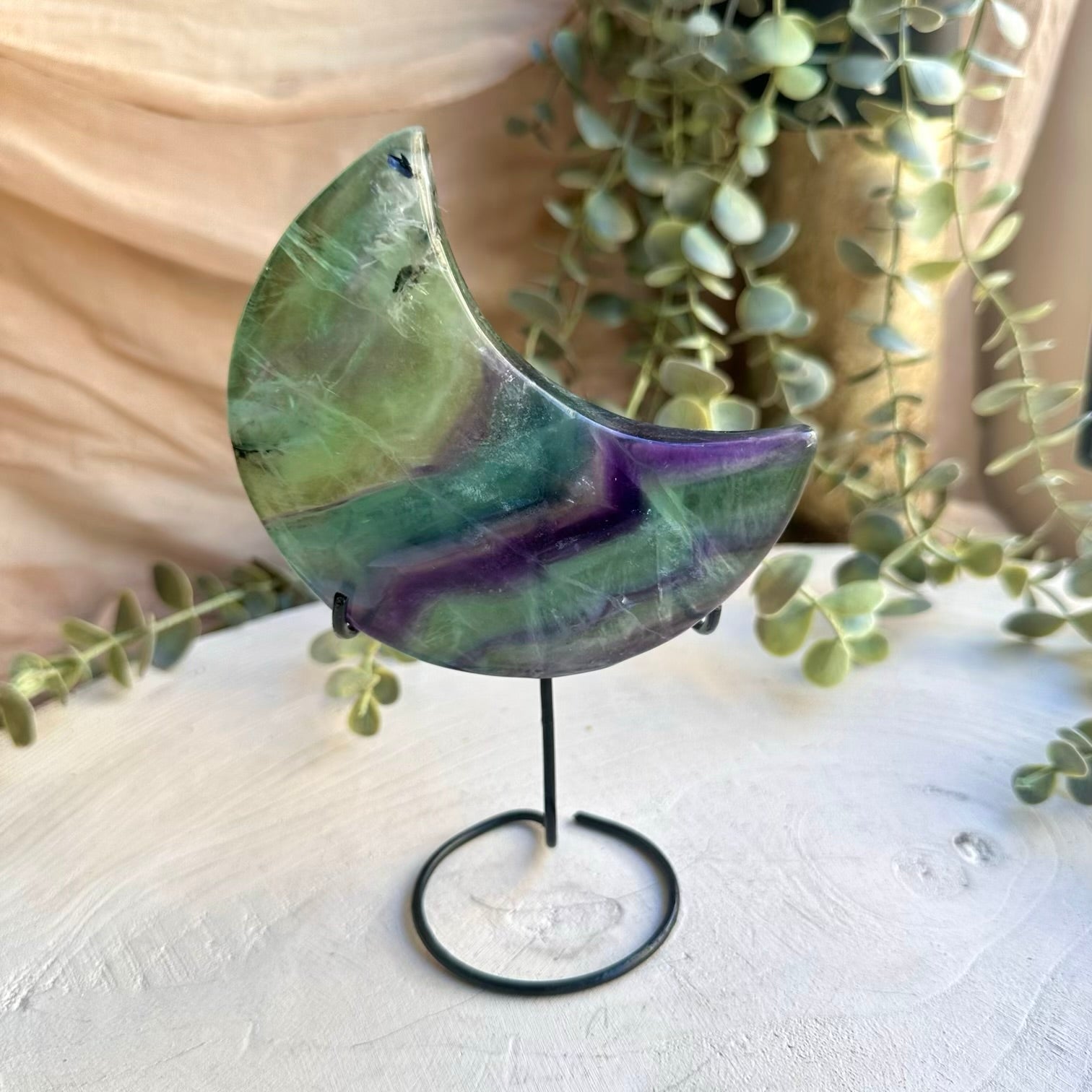 Rainbow fluorite moon shaped crystal carving