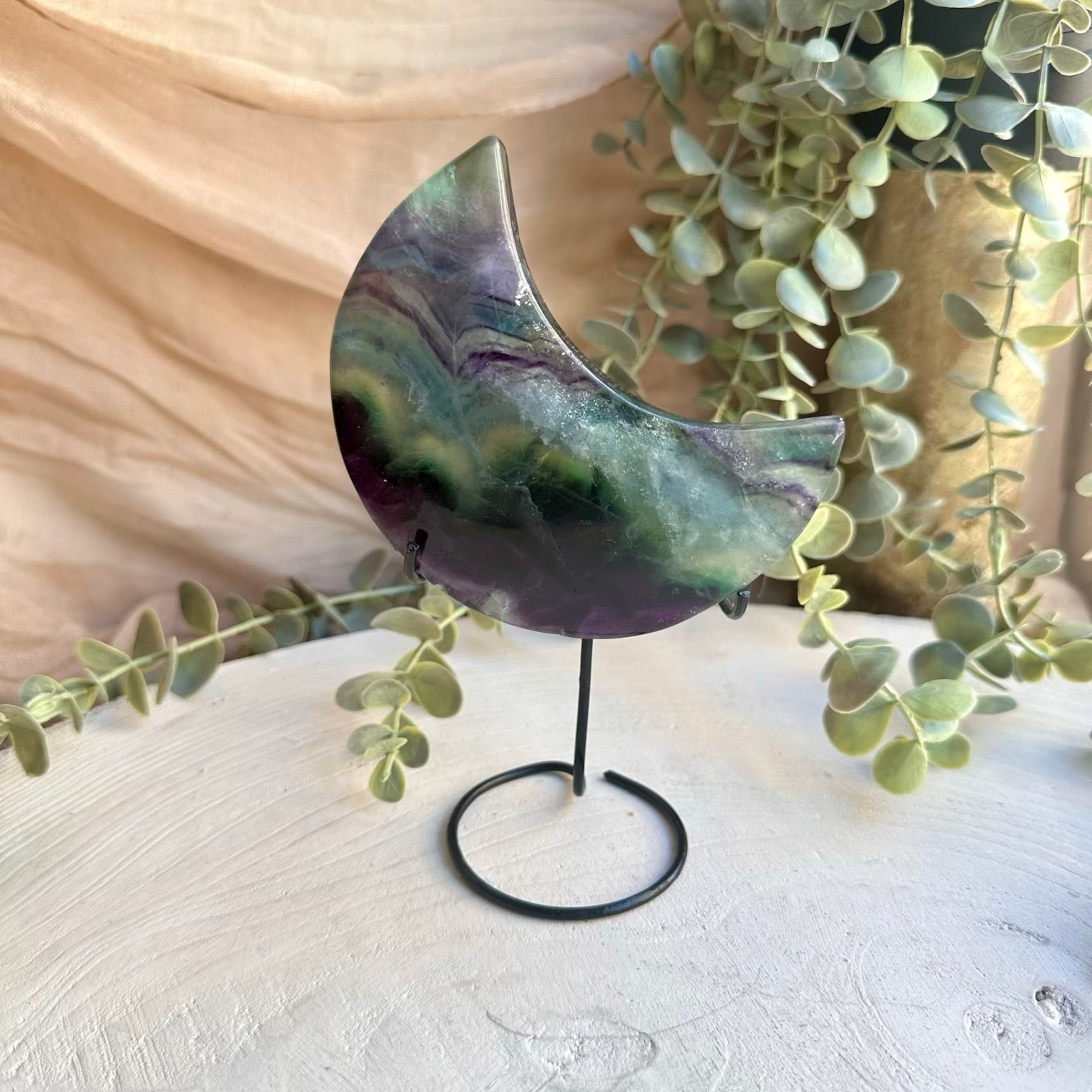 Fluorite crystal carved in moon shape