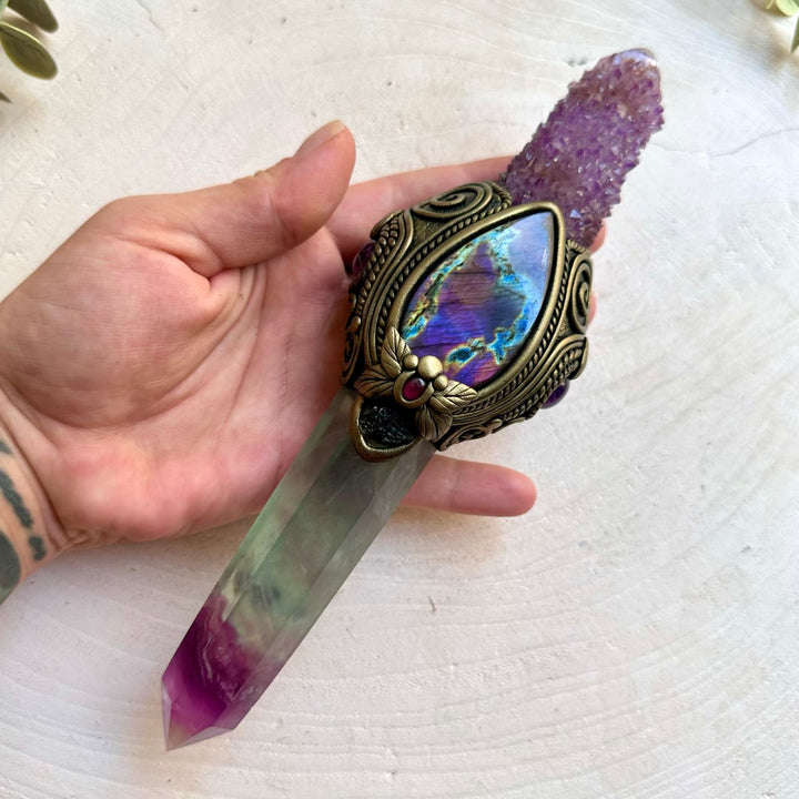 Handmade Rainbow Fluorite crystal wand with Deep Purple Spirit Quartz, Labradorite, Moldavite, Amethyst and Rhodolite Garnet.