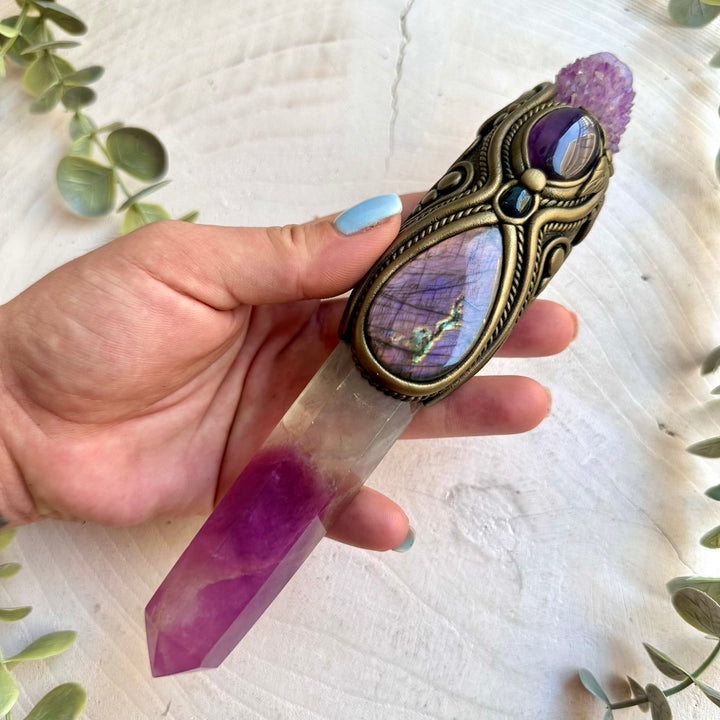 Handmade healing crystal wand featuring Rainbow Fluorite, Deep Purple Spirit Quartz and Purple Labradorite.