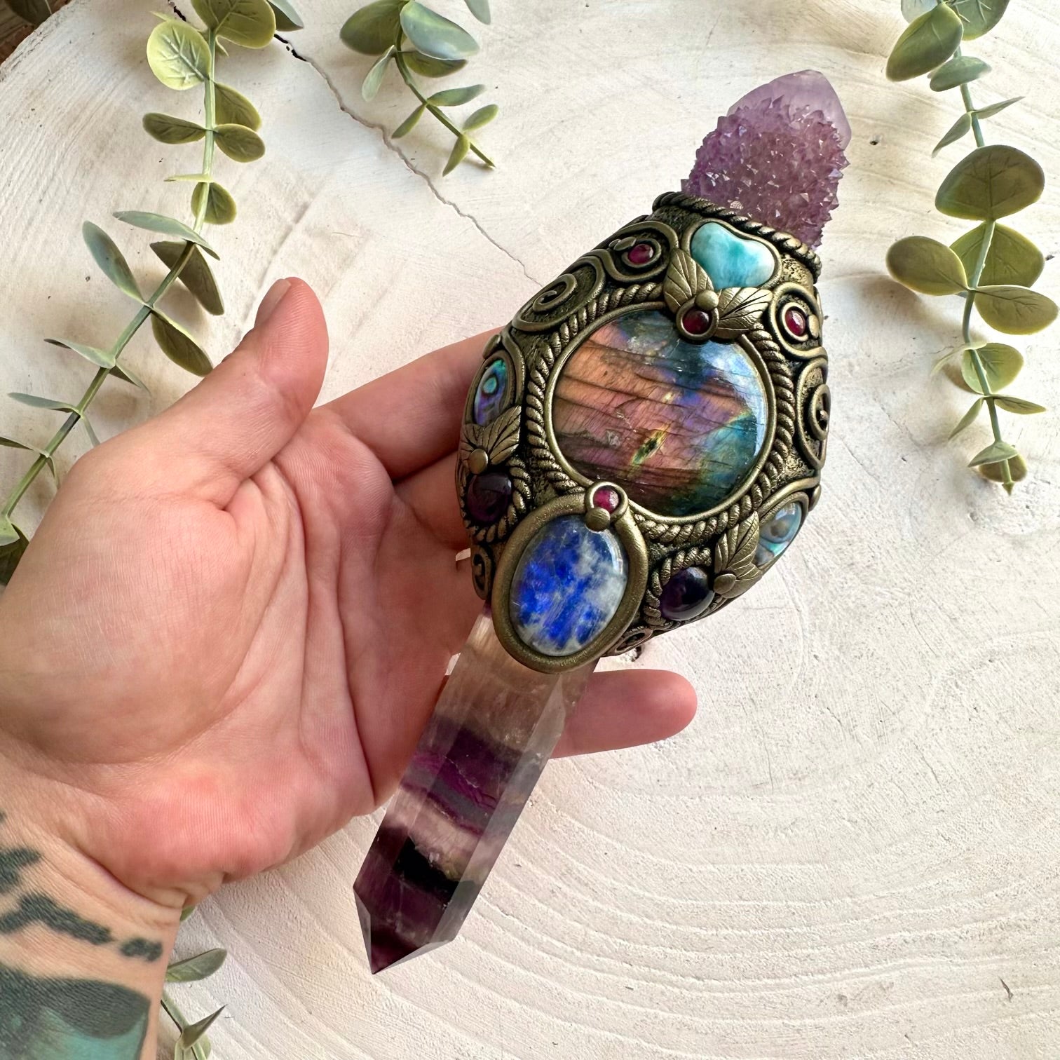Wiccan crystal wand handcrafted with Rainbow Fluorite, Spirit Quartz and a Larimar Heart.