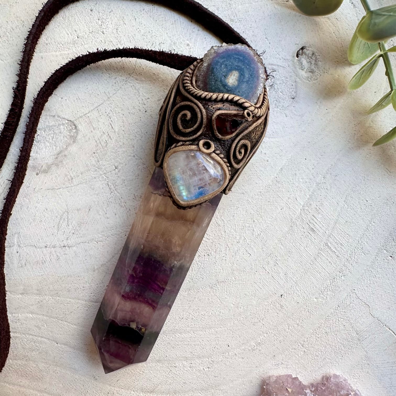Healing crystal necklace with fluorite amethyst and moonstone