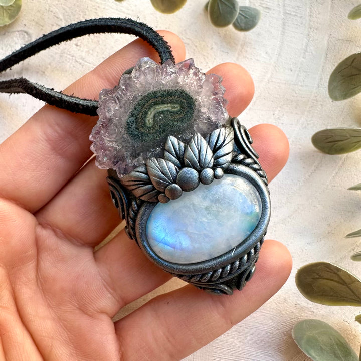 Rainbow moonstone and amethyst stalactite necklace