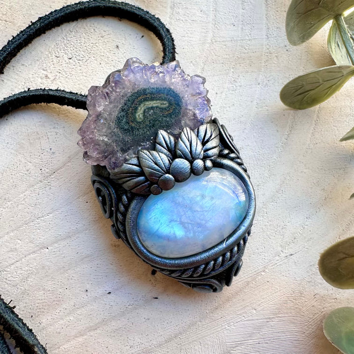 Rainbow moonstone and amethyst stalactite spiritual talisman necklace