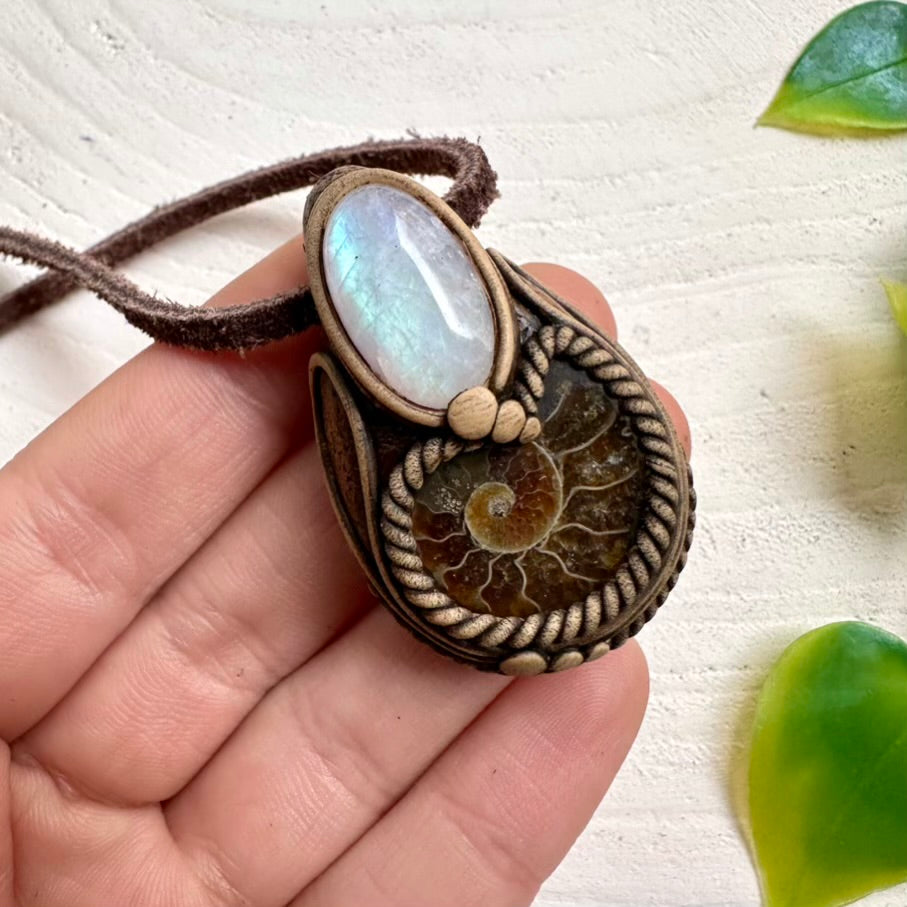 Handmade necklace featuring Ammonite fossil and Rainbow Moonstone