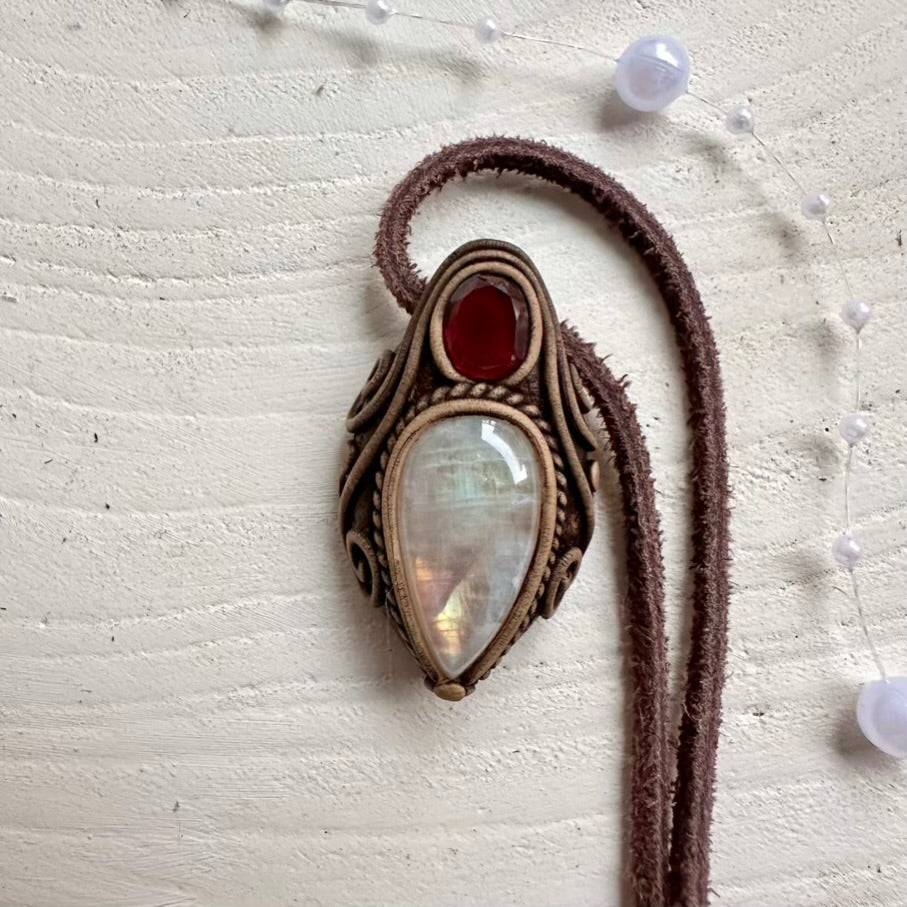 Handcrafted necklace featuring Rainbow Moonstone and Red Garnet stones