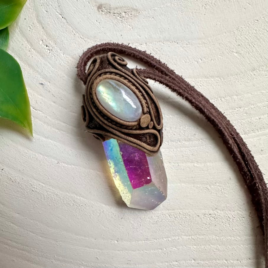 Handcrafted necklace with Angel Aura Quartz and Rainbow Moonstone