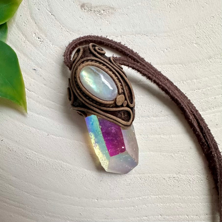 Handcrafted necklace with Angel Aura Quartz and Rainbow Moonstone