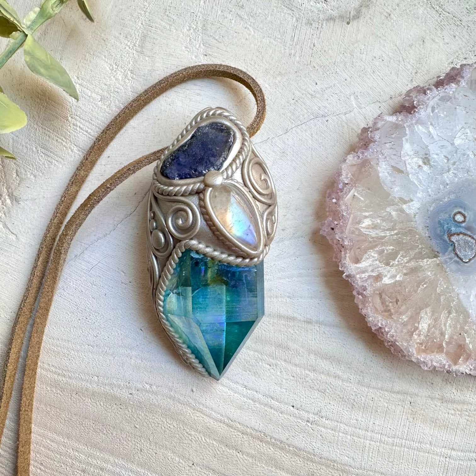 Aqua aura quartz paired with rainbow moonstone in a necklace
