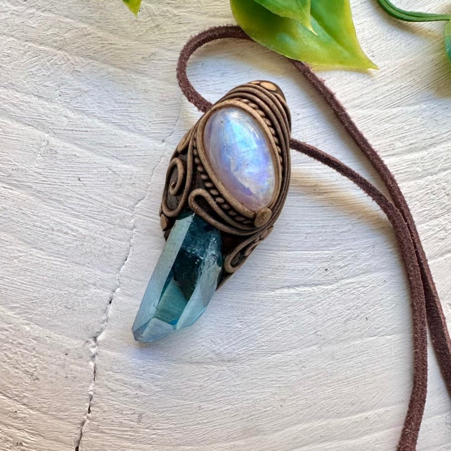 Rainbow Moonstone and Aqua Aura Quartz Necklace, Healing Crystal Jewelry - FairyGardenGlow