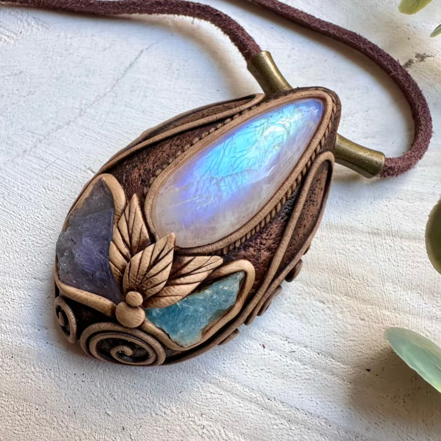 One of a kind moonstone tanzanite and aquamarine gemstone necklace