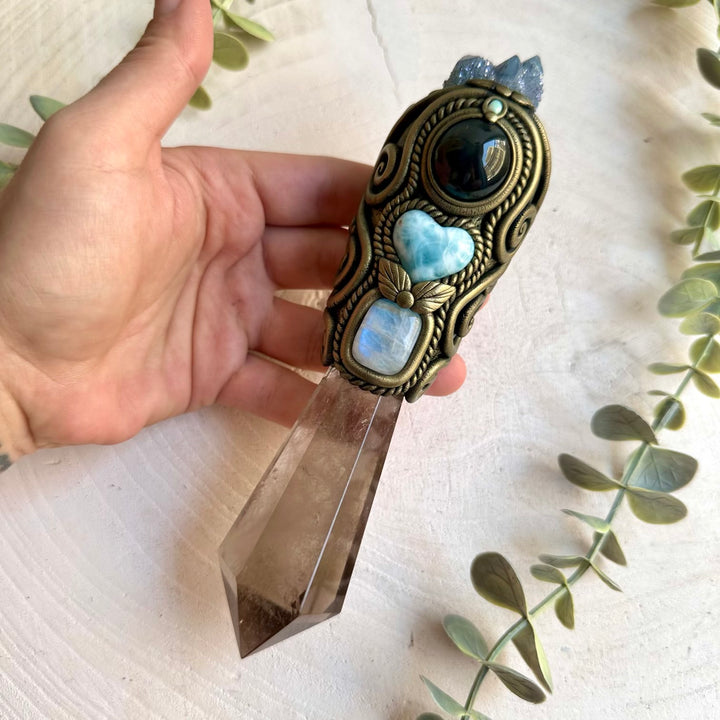 One of a kind Smoky Quartz healing wand featuring an iridescent Aqua Aura Spirit Quartz Cluster.