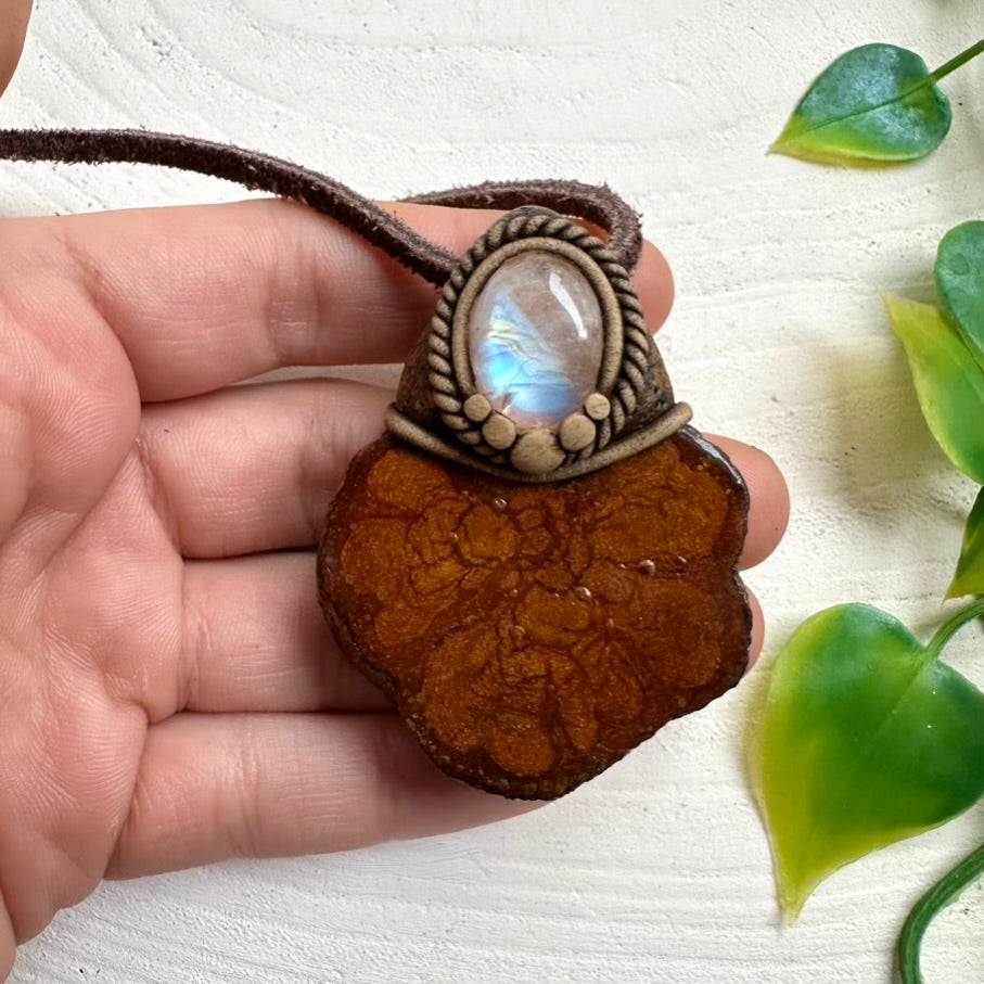 Handcrafted Ayahuasca Vine necklace featuring Rainbow Moonstone