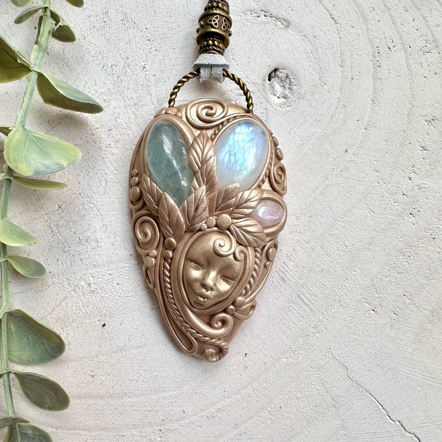 Handmade clay goddess necklace with moonstone and celestite