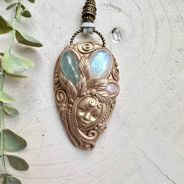 Handmade clay goddess necklace with moonstone and celestite