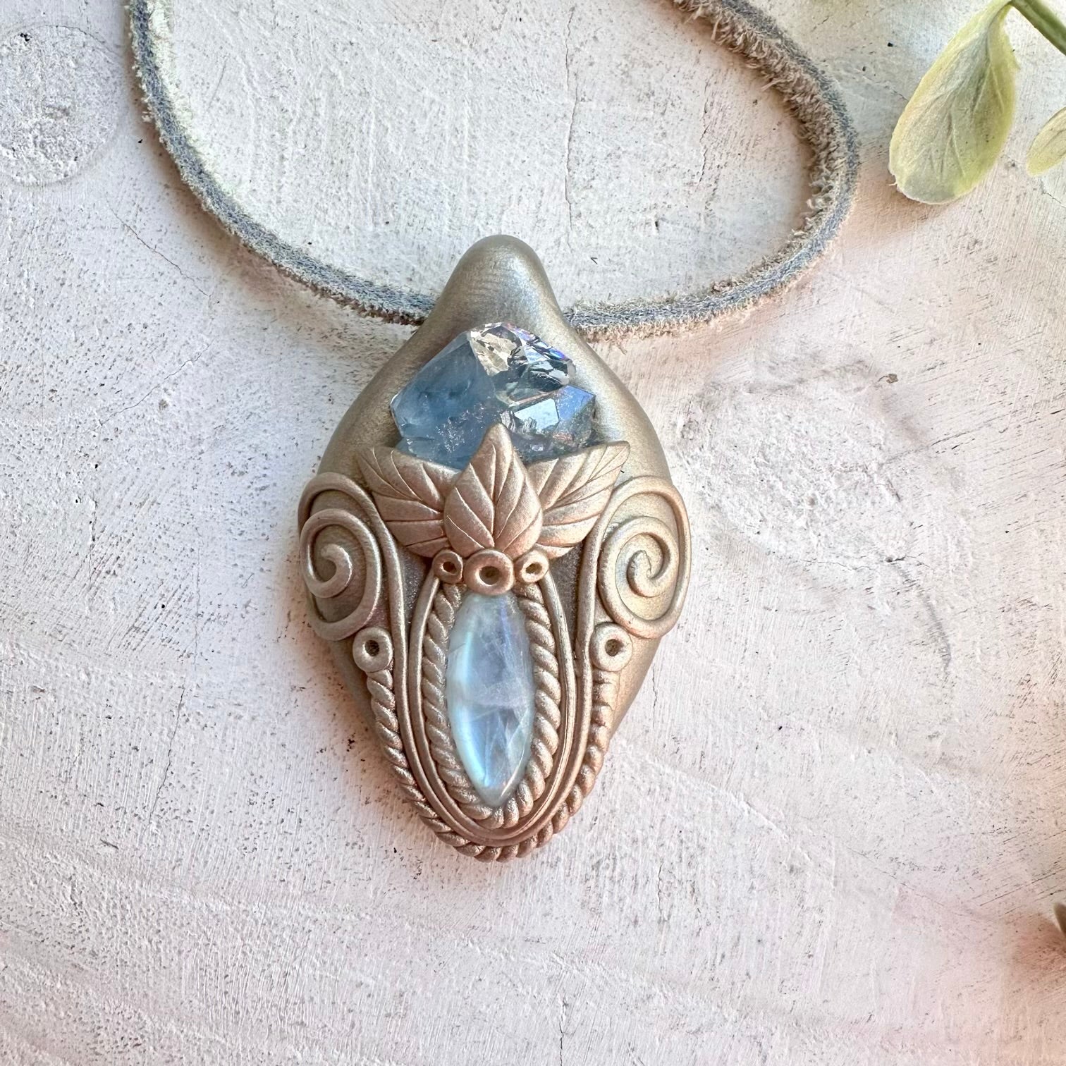 protection amulet crystal necklace with moonstone and celestite gemstones