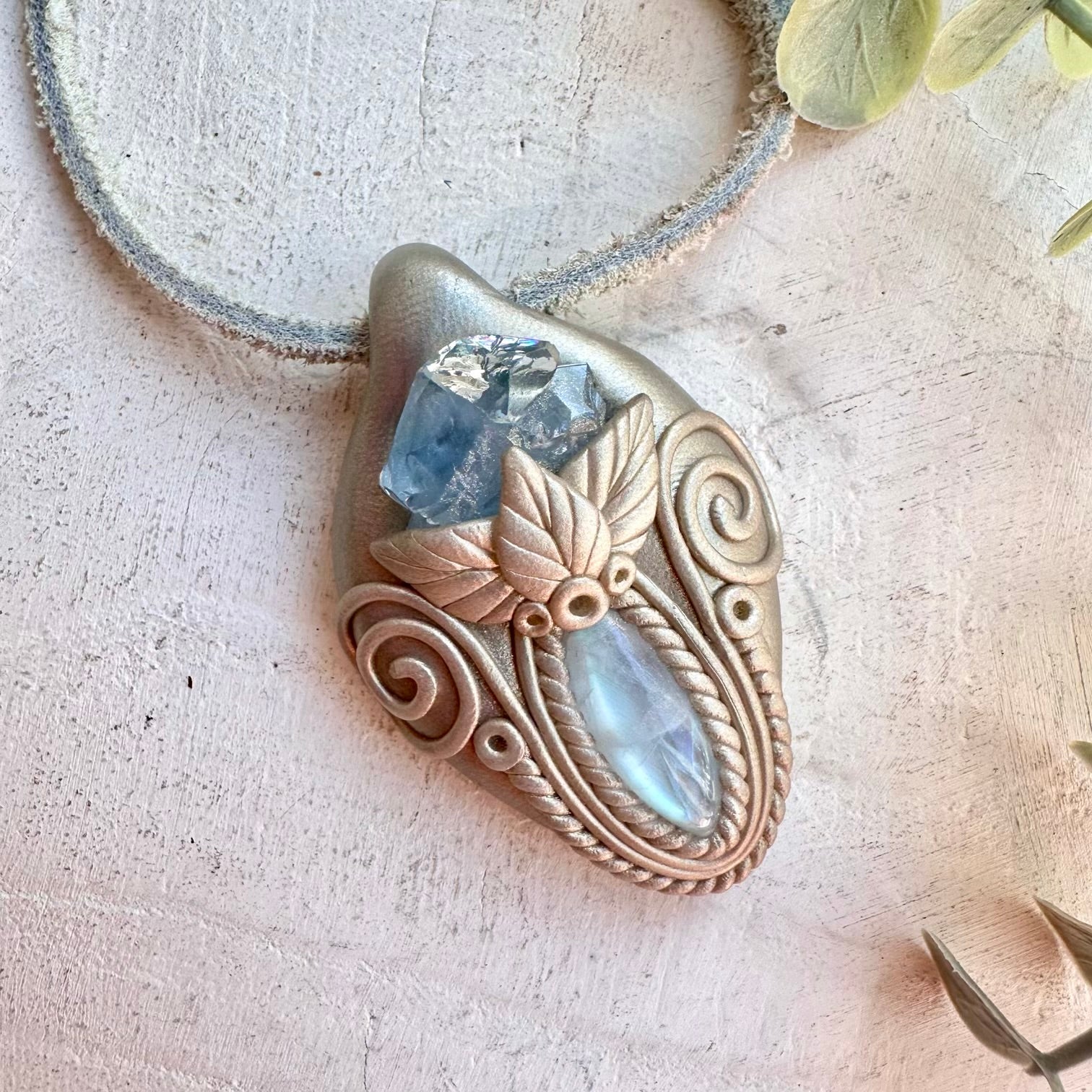 Crystal talisman necklace with rainbow moonstone and celestite healing stones