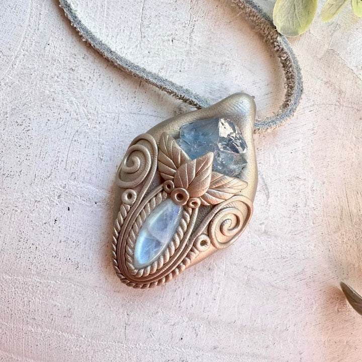 Rainbow Moonstone and Celestite pendant necklace handmade spiritual crystal jewelry