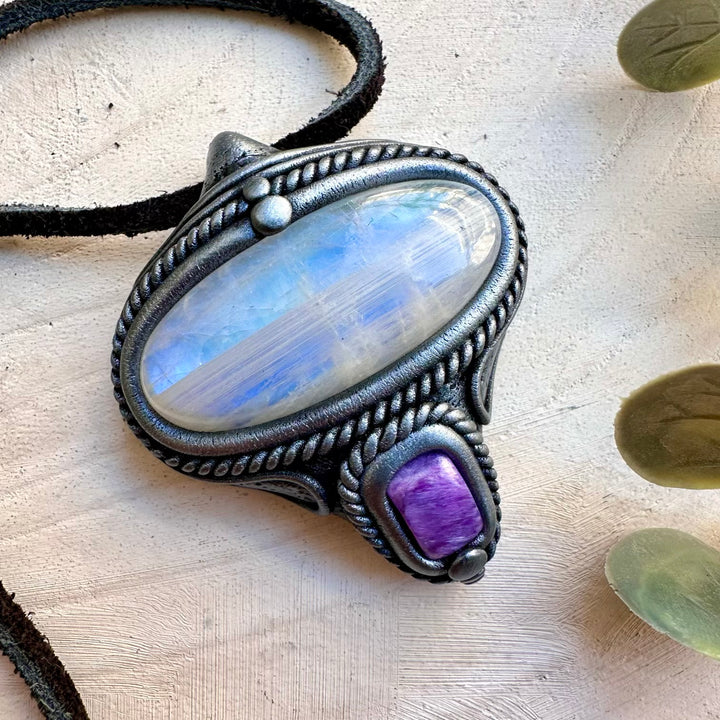 Healing crystal pendant necklace with moonstone and charoite