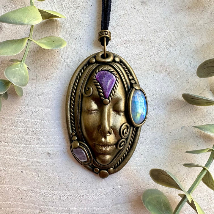 One of a kind Goddess jewelry showcasing the soft colors and natural textures of Moonstone, Charoite and Kunzite.