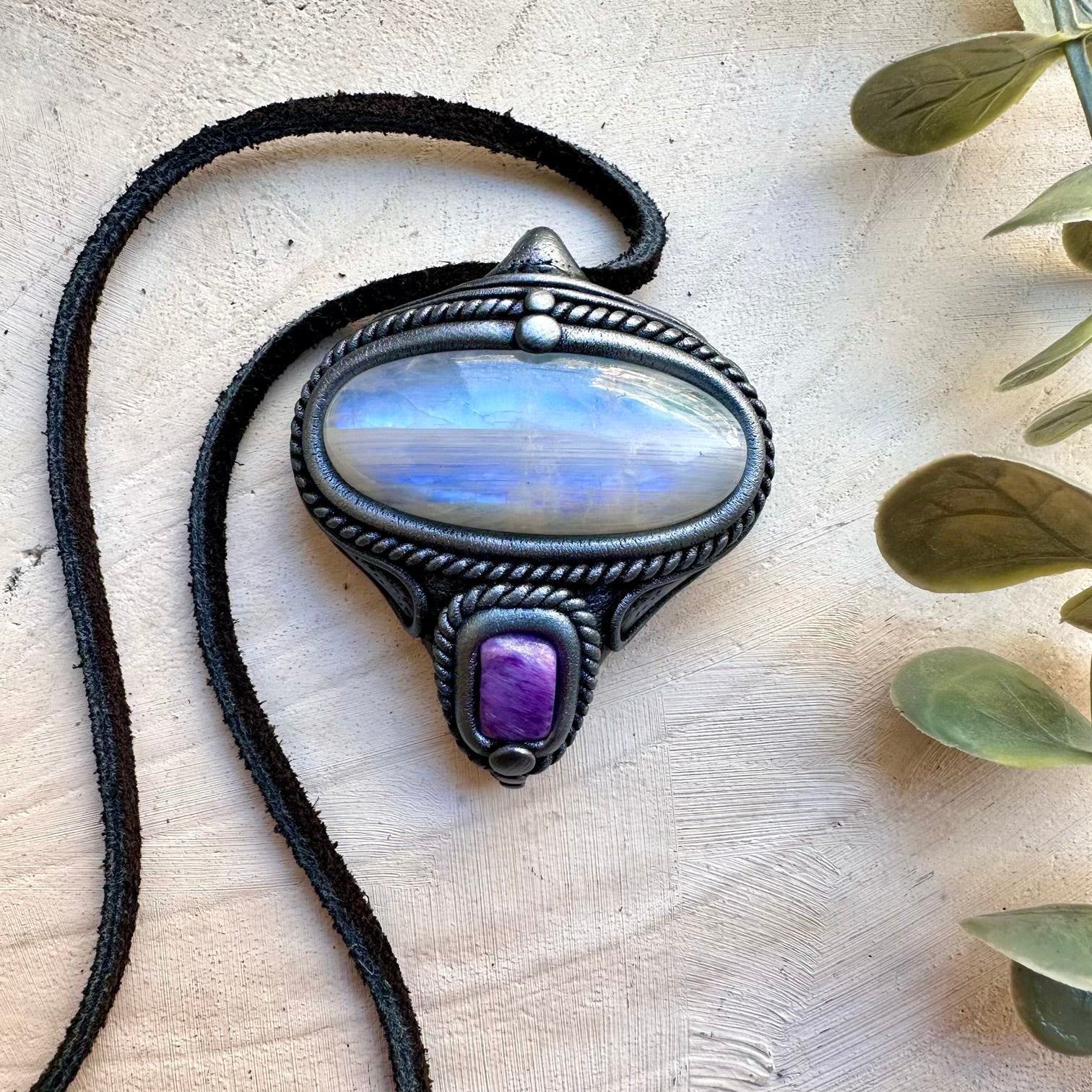 Rainbow moonstone and charoite pendant necklace