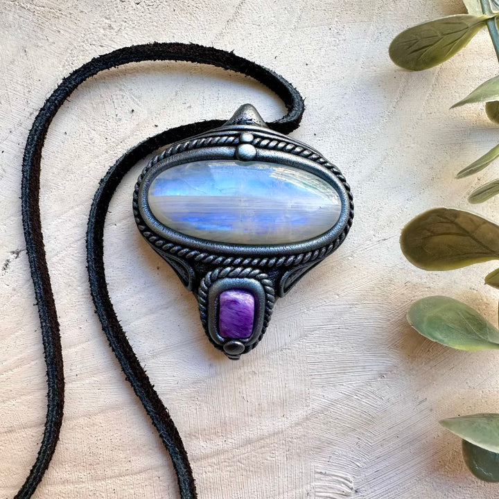 Rainbow moonstone and charoite pendant necklace