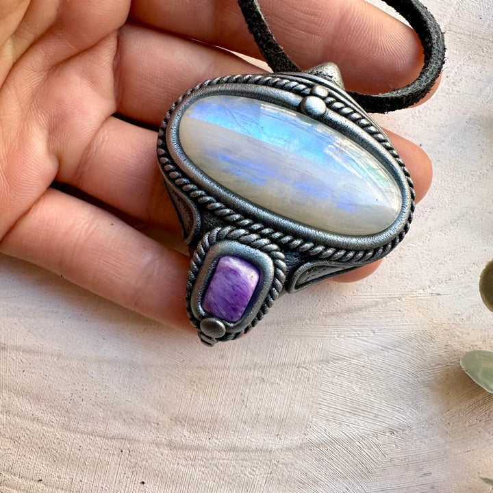 Rainbow moonstone and charoite spiritual talisman necklace