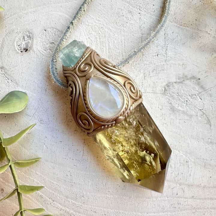 Crystal talisman wand necklace with citrine moonstone and aquamarine healing stones