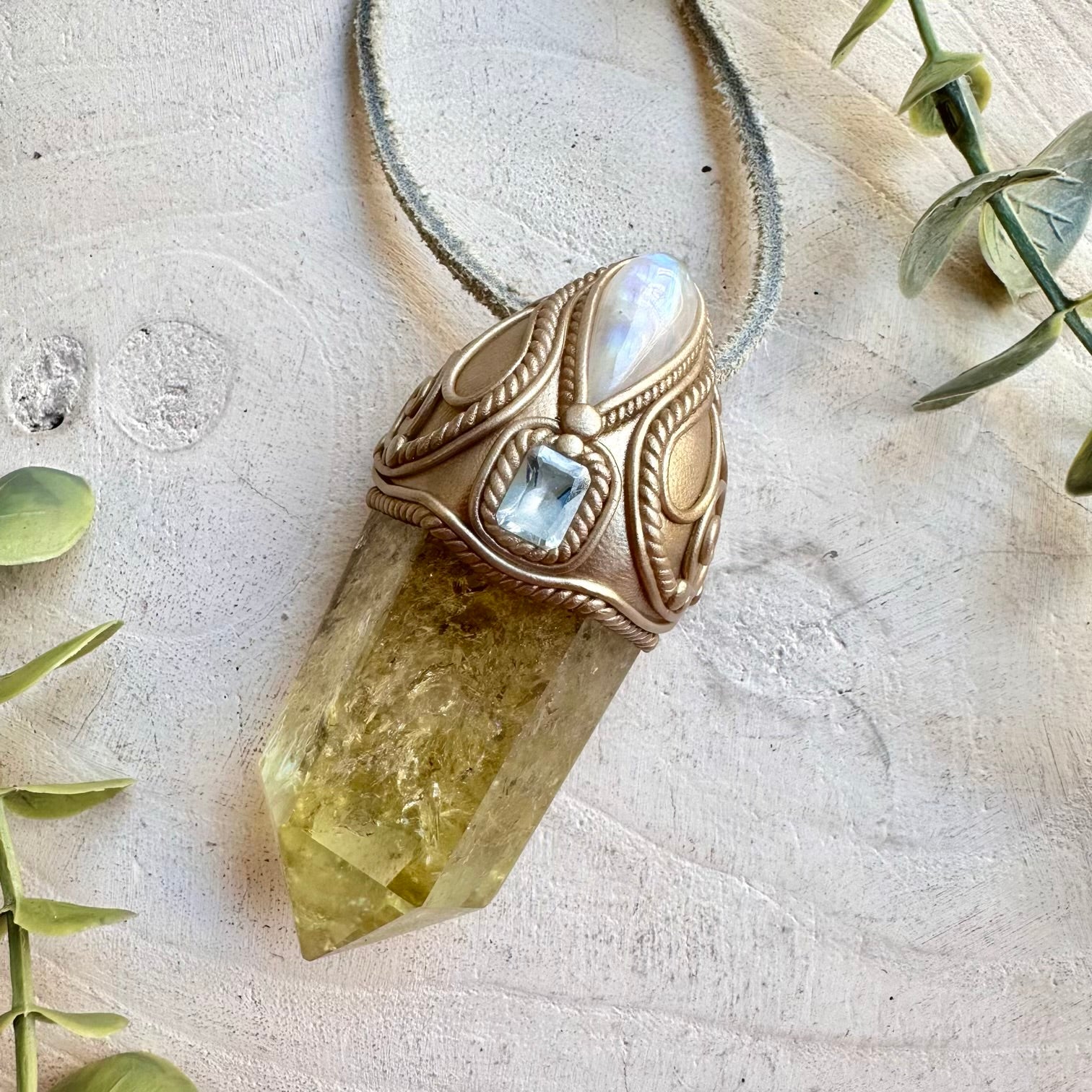 Crystal talisman wand necklace with citrine rainbow moonstone and blue topaz healing stones