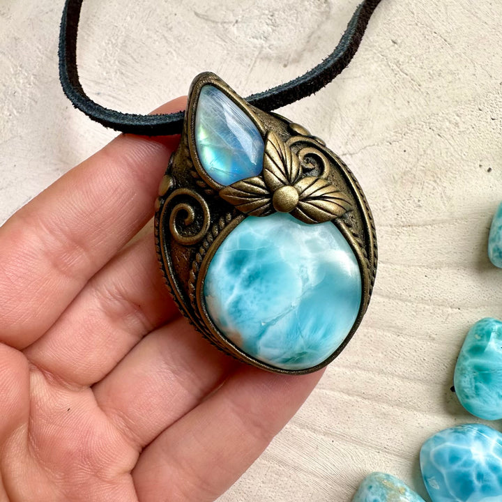 Handmade talisman necklace with larimar and moonstone