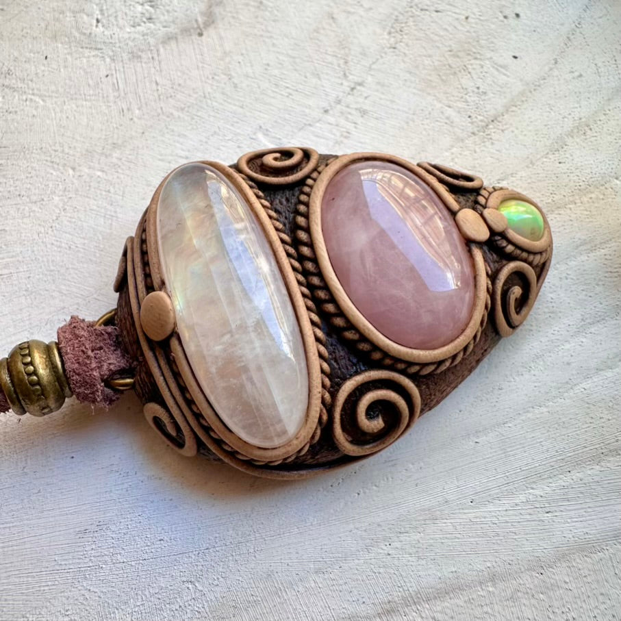 Natural rainbow moonstone paired with rose quartz and Ethiopian opal