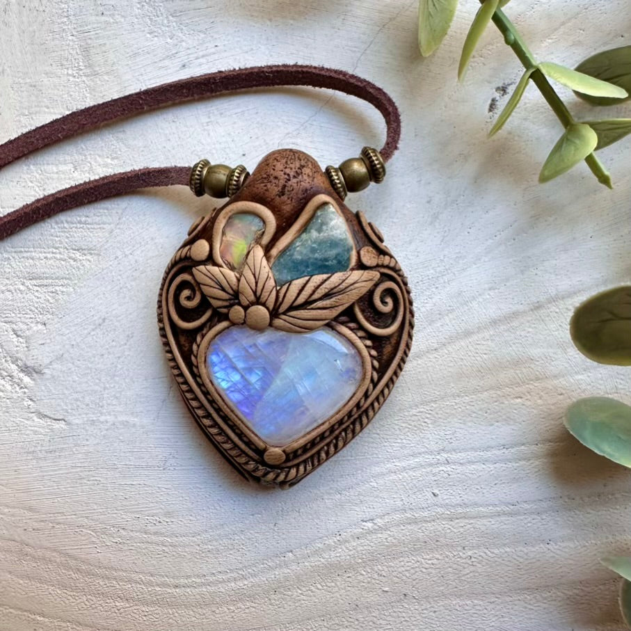 One of a kind gemstone necklace with moonstone aquamarine and opal