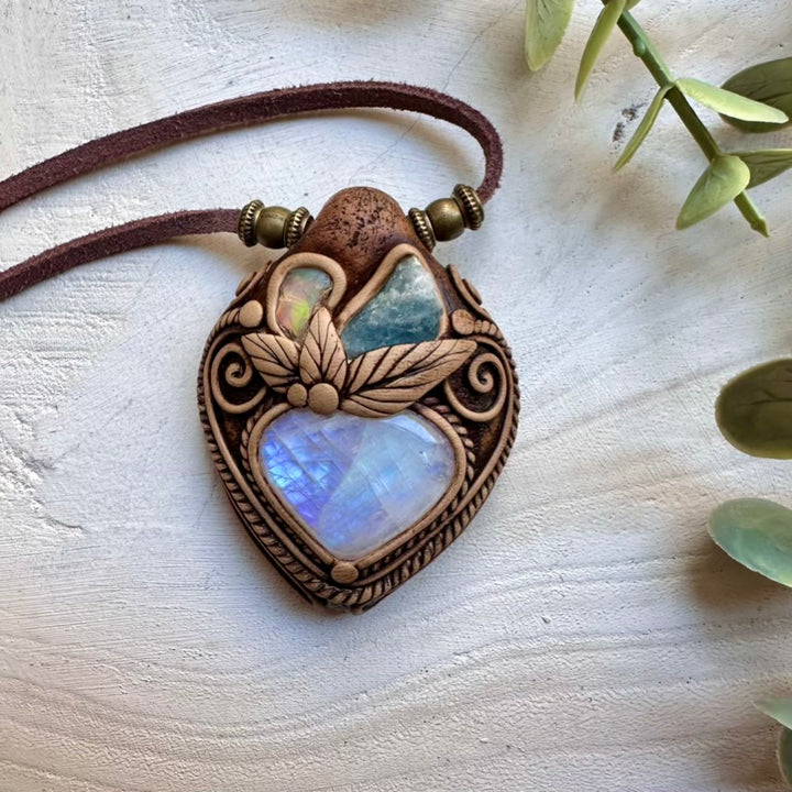 One of a kind gemstone necklace with moonstone aquamarine and opal