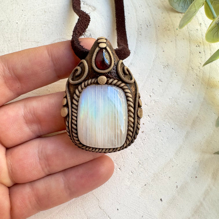 Rainbow moonstone and rhodolite garnet necklace spiritual crystal jewelry