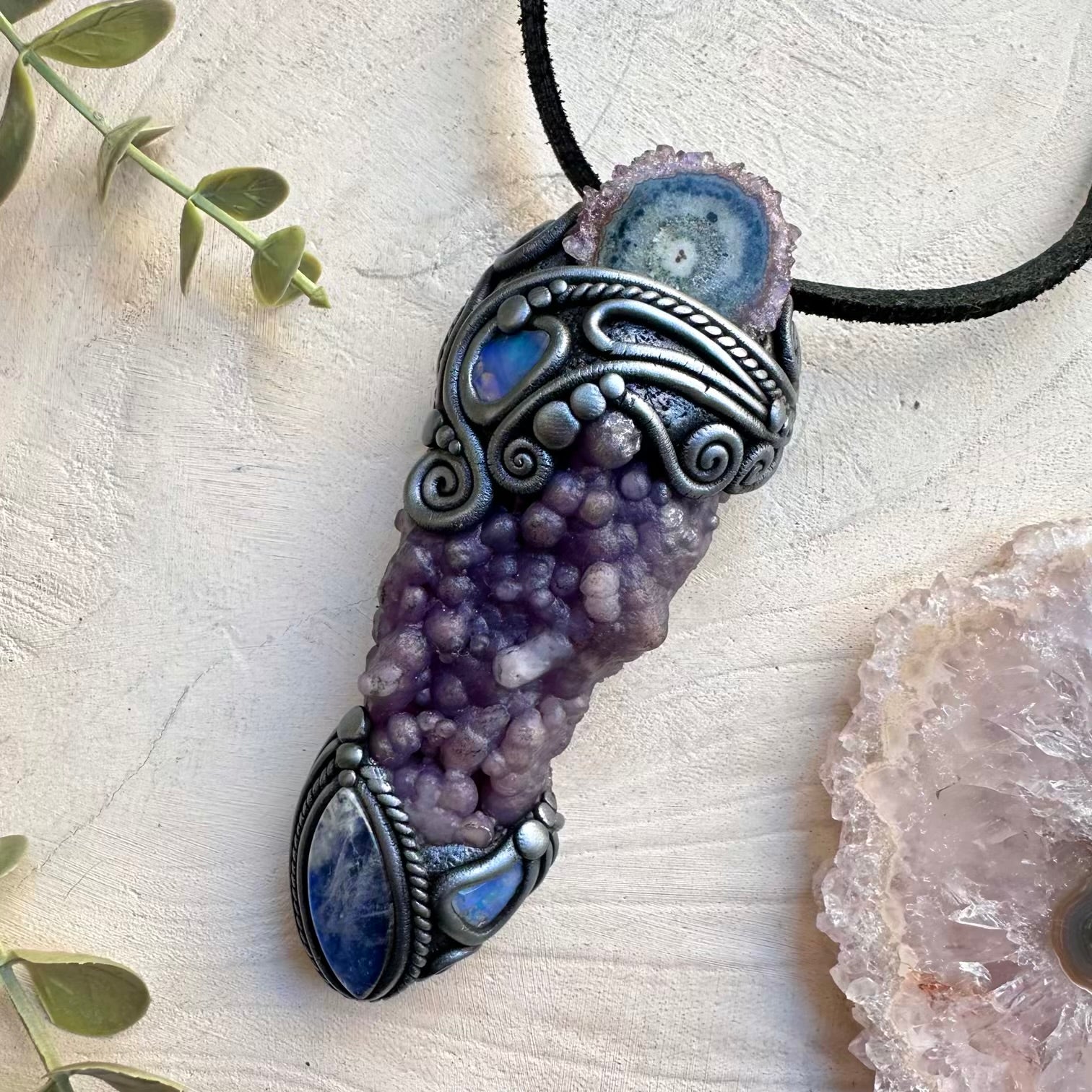 Amethyst stalactite crystal wand with moonstone and opal