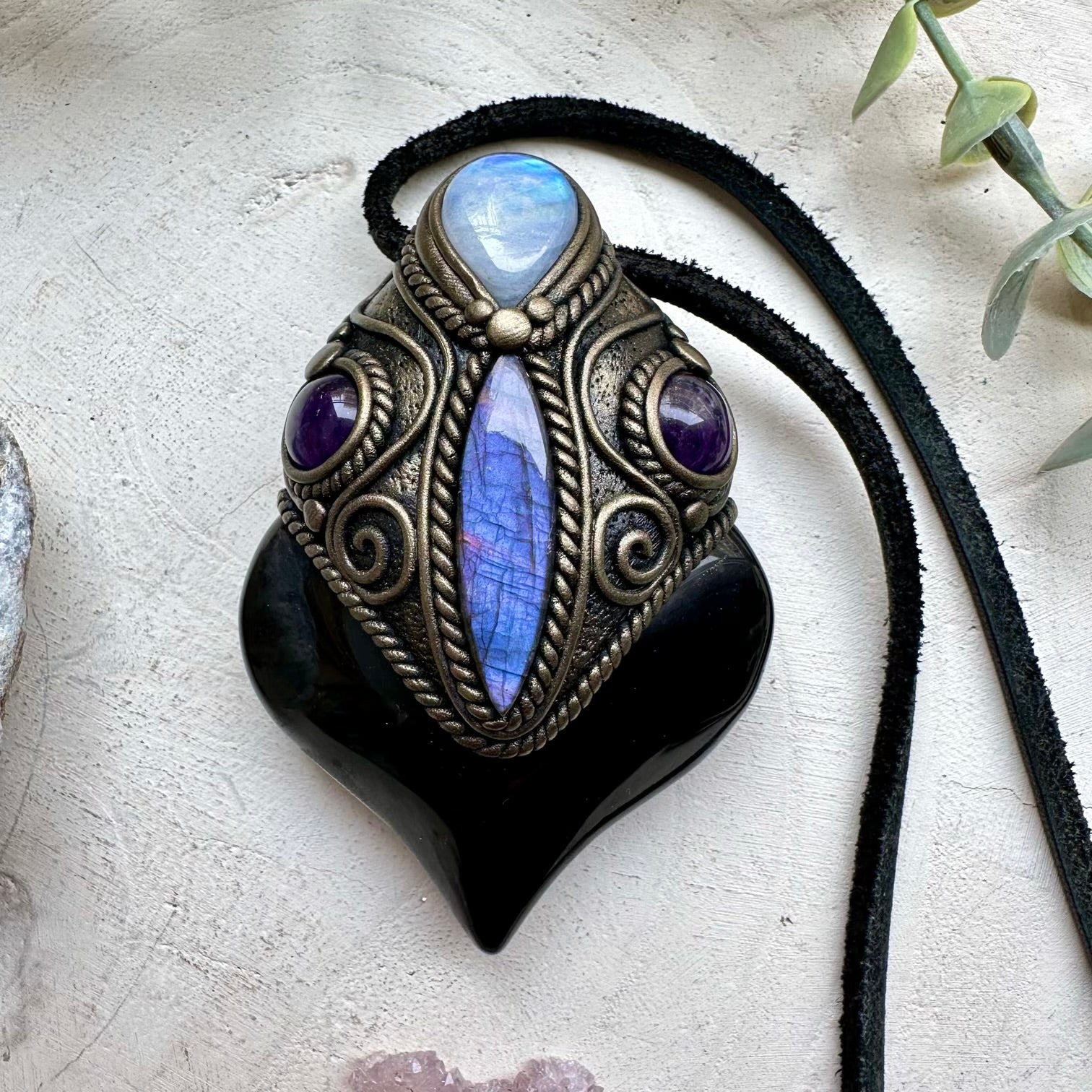 Spiritual crystal wand necklace with rainbow obsidian and labradorite