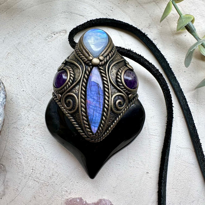 Spiritual crystal wand necklace with rainbow obsidian and labradorite