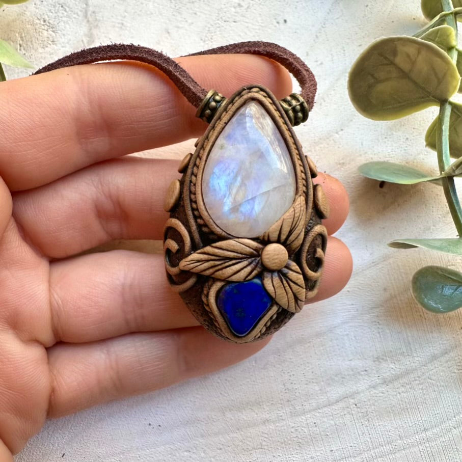 Rainbow moonstone and lapis lazuli pendant necklace, handmade crystal jewelry