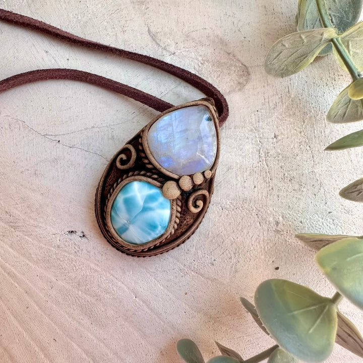Handmade spiritual jewelry with ocean blue Larimar and Moonstone