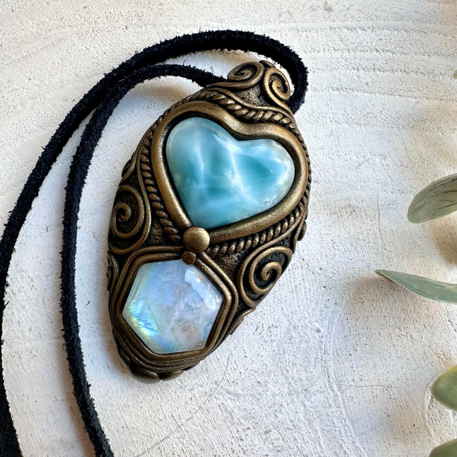 Healing crystal pendant with larimar heart and moonstone
