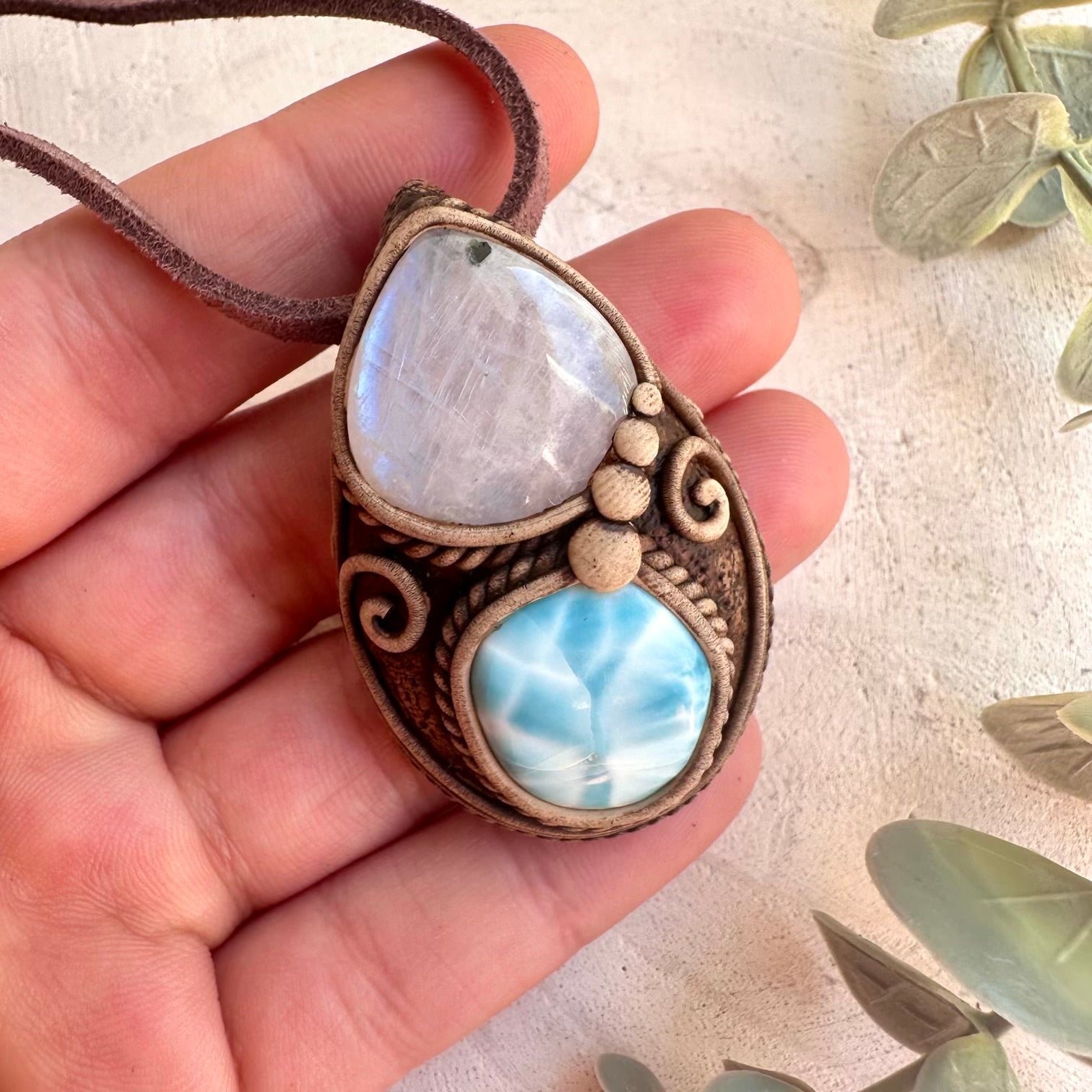 Healing crystal jewelry featuring Larimar and Rainbow Moonstone